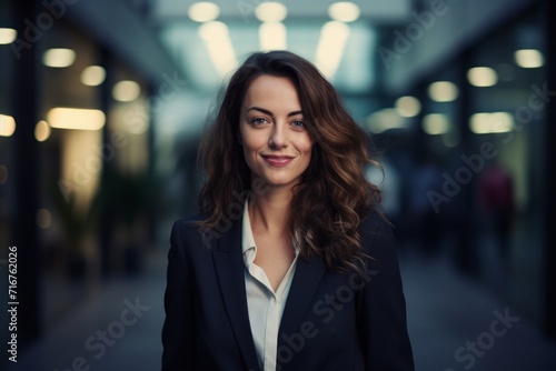 Portrait of a grinning woman in her 30s dressed in a stylish blazer against a sophisticated corporate office background. AI Generation © CogniLens