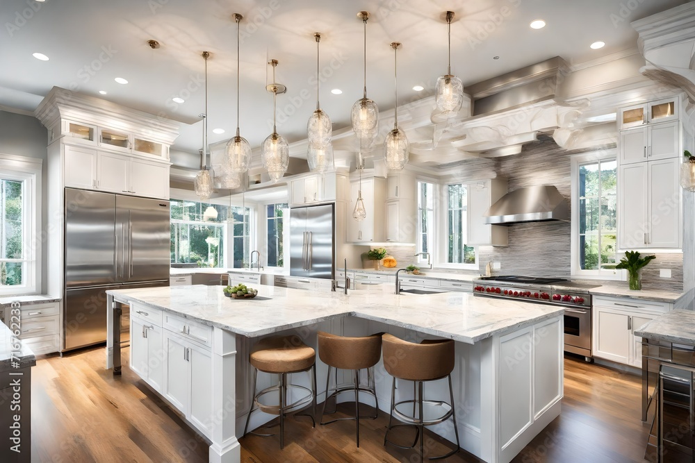Fototapeta premium interior decoration design of the hall decorated with the table and chair with room kitchen design and flowers in the table with room ceiling with the lights and colorful wallpaper design background 