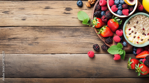 Healthy breakfast food banner with double border. Table scene with mix berries and oatmeal. Top view over a rustic wood background. Copy space.