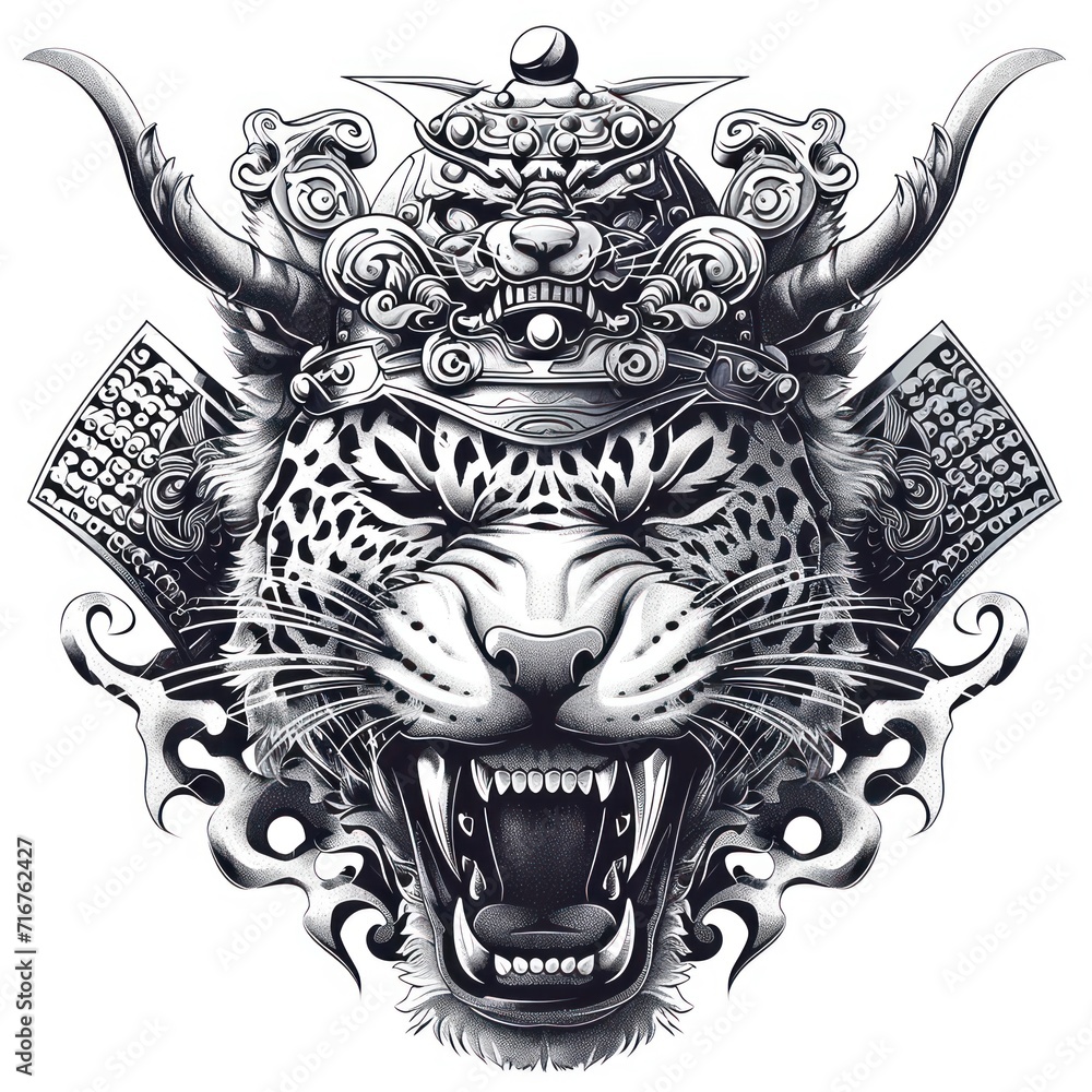 Naklejka premium Jaguar using a samurai helmet isolated in a white background