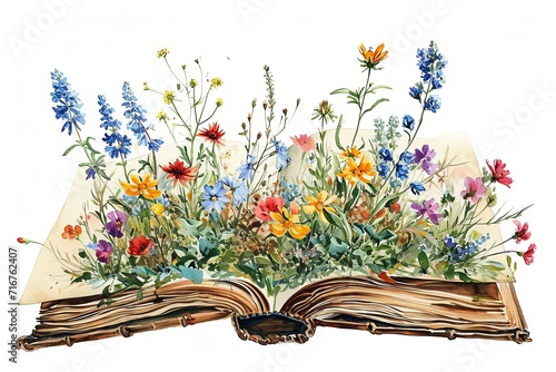 Watercolor flowers stack books illustration on white background