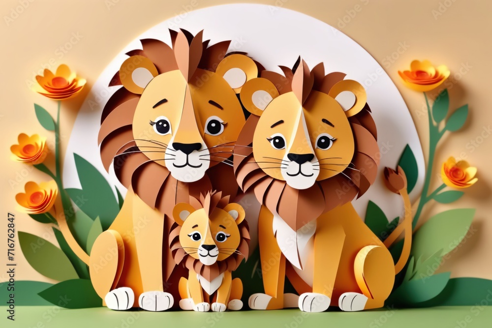 Adorable paper-cut style illustration showcasing a lovable lion family surrounded by flowers.Family day and mothers day card concept. Adorable paper-cut style illustration showcasing a lovable lion family surrounded by flowers.Family day and mothers day card concept.