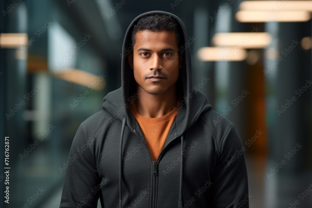 Portrait of a tender indian man in his 30s sporting a comfortable hoodie against a sophisticated corporate office background. AI Generation Portrait of a tender indian man in his 30s sporting a comfortable hoodie against a sophisticated corporate office background. AI Generation