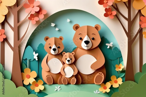 Sweet paper-cut style illustration bear family in the autumn forest.Family day and mothers day card concept.