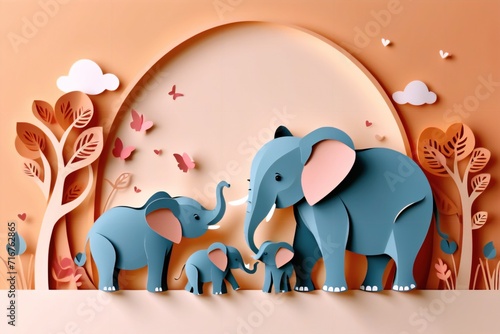 Illustration of a sweet elephant family in paper cut style, enjoying a picturesque scene in forest.Family day and mothers day card concept. photo