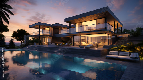 Modern home design unique architecture 3d render,, View of swimming pool in front of a modern luxury house illuminated in the evening Pro Photo