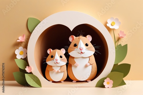 Illustration of a cute hamster family in paper cut style, set against a cheerful background of flowers.Family day and mothers day card concept. photo