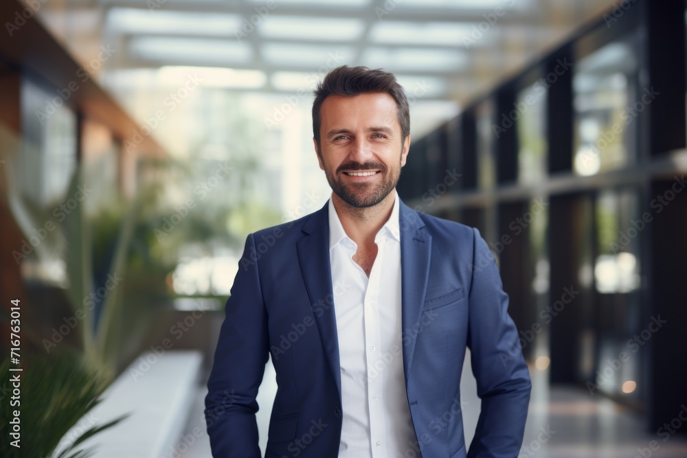 Portrait of a happy man in his 30s dressed in a stylish blazer against a sophisticated corporate office background. AI Generation Portrait of a happy man in his 30s dressed in a stylish blazer against a sophisticated corporate office background. AI Generation