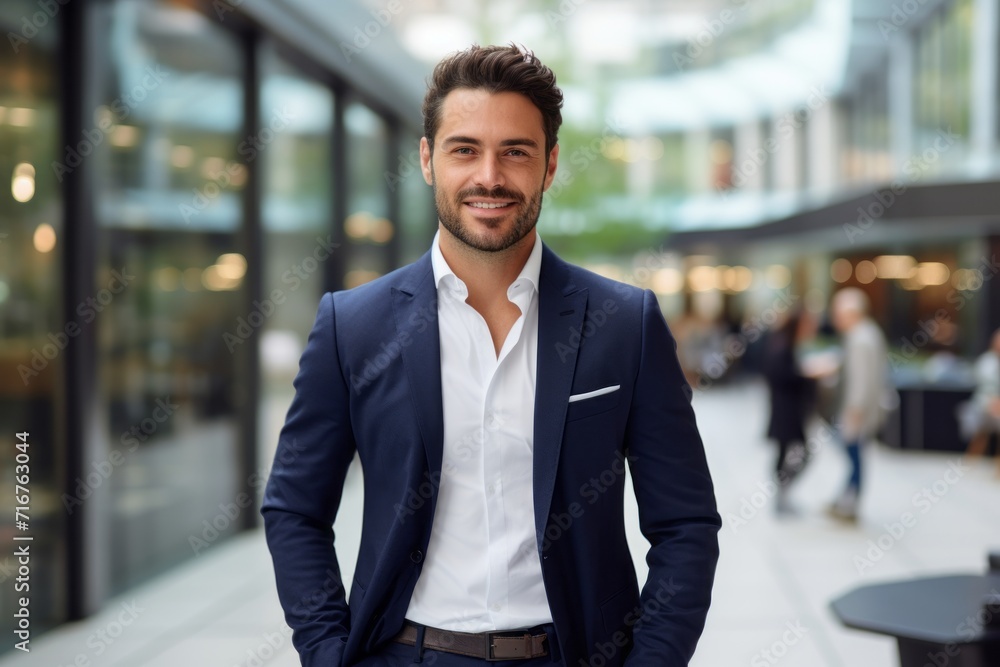 Portrait of a happy man in his 30s dressed in a stylish blazer against a sophisticated corporate office background. AI Generation Portrait of a happy man in his 30s dressed in a stylish blazer against a sophisticated corporate office background. AI Generation