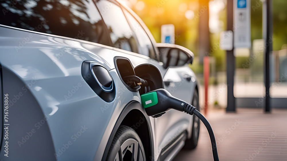 EV charging station for electric car in concept of green energy and eco power produced from sustainable source to supply to charger station in order to reduce CO2 emission EV charging station for electric car in concept of green energy and eco power produced from sustainable source to supply to charger station in order to reduce CO2 emission