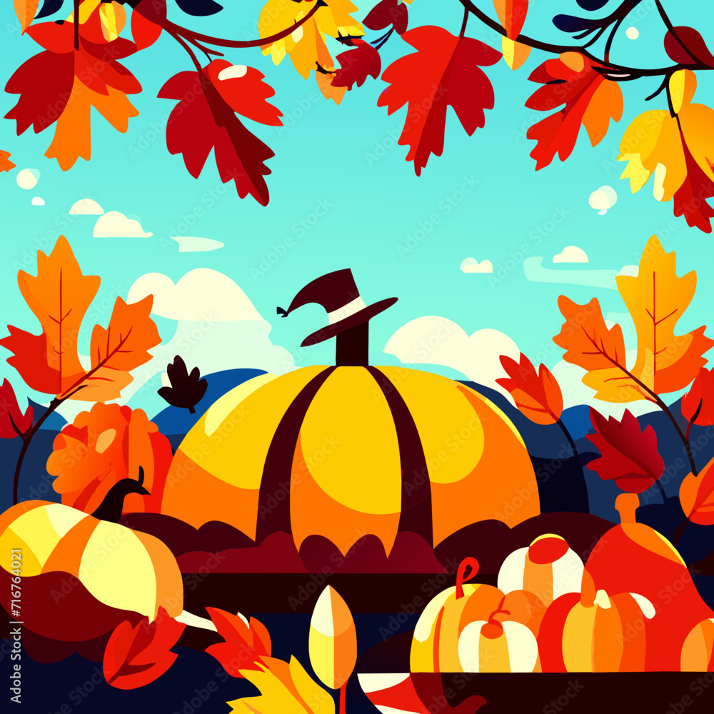 Autumn leaves and pumpkins background. Happy Thanksgiving day. Vector illustration Generative AI Autumn leaves and pumpkins background. Happy Thanksgiving day. Vector illustration Generative AI