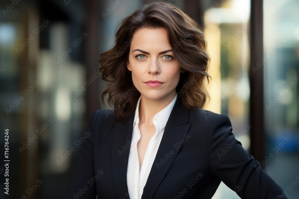 Fototapeta premium Portrait of a tender woman in her 40s wearing a professional suit jacket against a sophisticated corporate office background. AI Generation