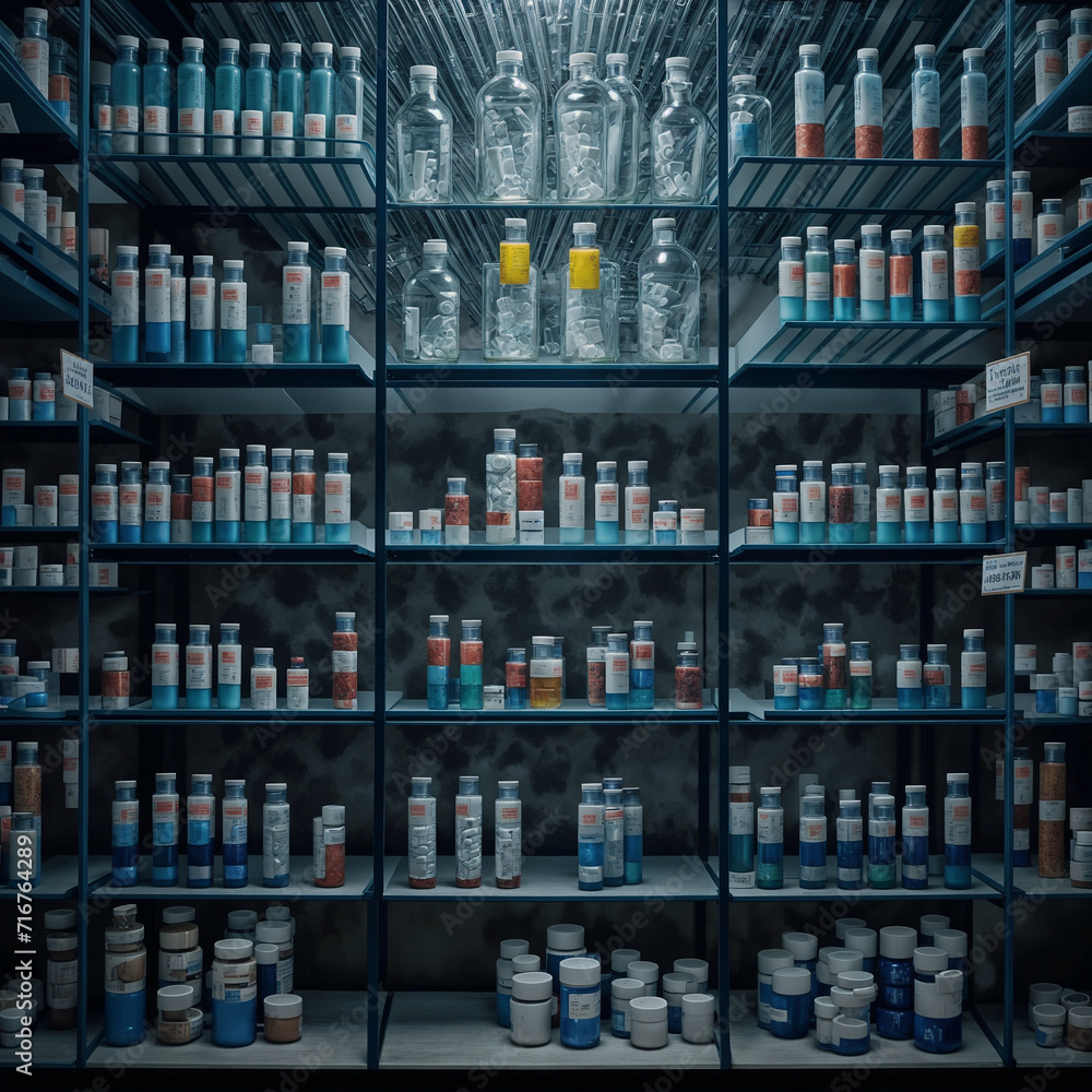 background of pharmacy shelf with rows of pill bottles and boxes, showcase of pharmaceuticals and different medication supply - genertaed by ai