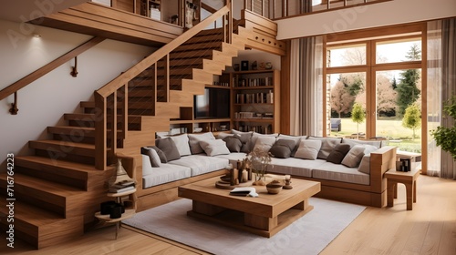 Farmhouse home interior design of modern living room with wooden staircase. © Ziyan
