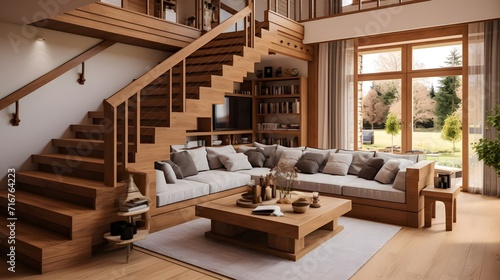 Farmhouse home interior design of modern living room with wooden staircase.