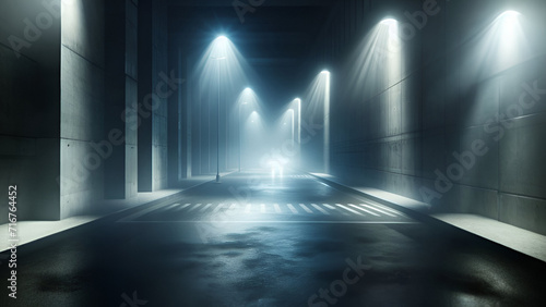Blue Night Spotlight: Abstract 3D Interior Design with Bright Lights in an Empty Hospital Corridor
