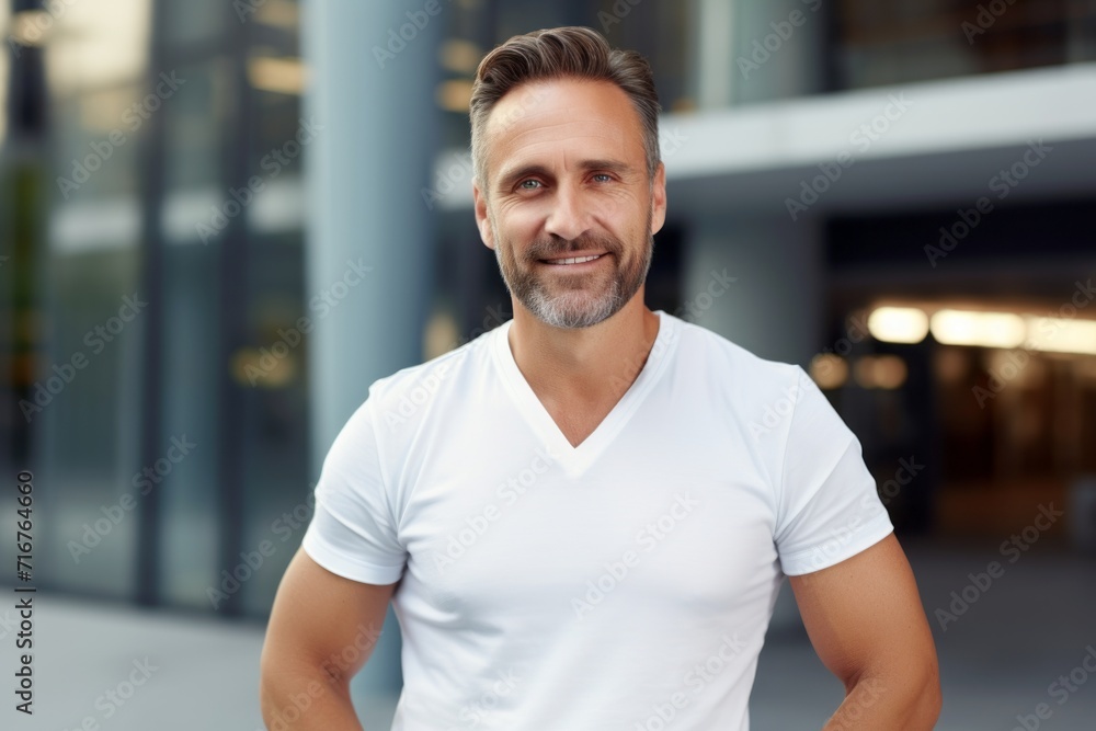 Portrait of a content man in his 40s dressed in a casual t-shirt against a sophisticated corporate office background. AI Generation Portrait of a content man in his 40s dressed in a casual t-shirt against a sophisticated corporate office background. AI Generation