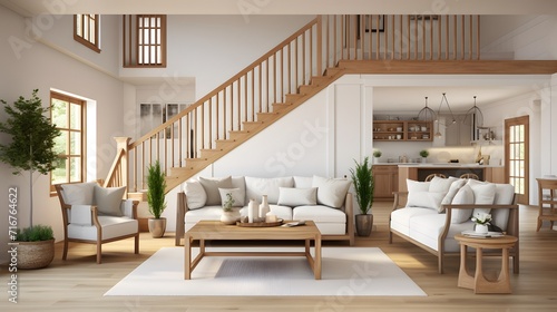 Farmhouse home interior design of modern living room with wooden staircase.