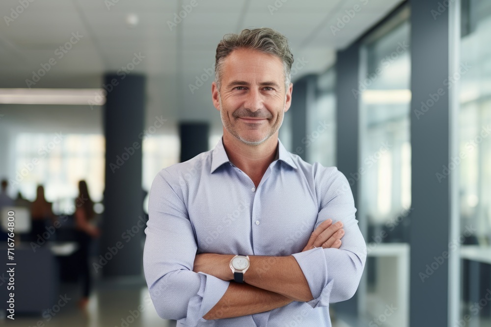 Portrait of a grinning man in his 40s donning a trendy cropped top against a sophisticated corporate office background. AI Generation Portrait of a grinning man in his 40s donning a trendy cropped top against a sophisticated corporate office background. AI Generation