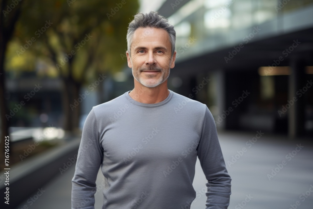 Portrait of a happy man in his 50s showing off a lightweight base layer against a sophisticated corporate office background. AI Generation