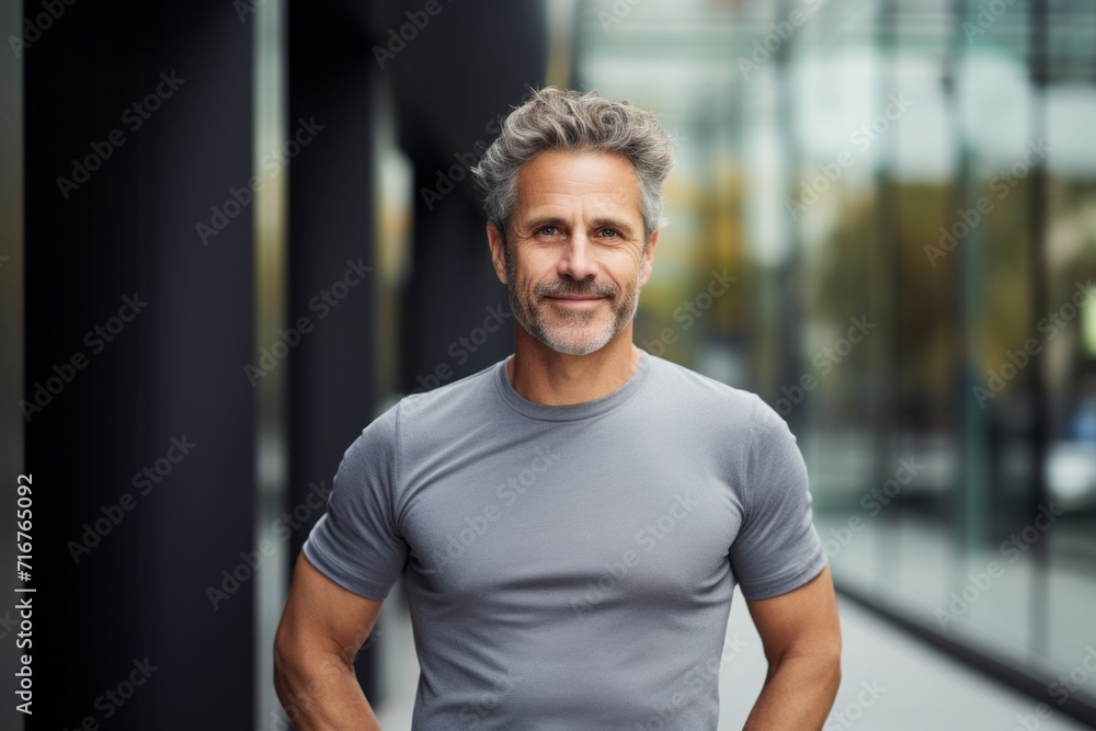 Portrait of a happy man in his 50s showing off a lightweight base layer against a sophisticated corporate office background. AI Generation Portrait of a happy man in his 50s showing off a lightweight base layer against a sophisticated corporate office background. AI Generation