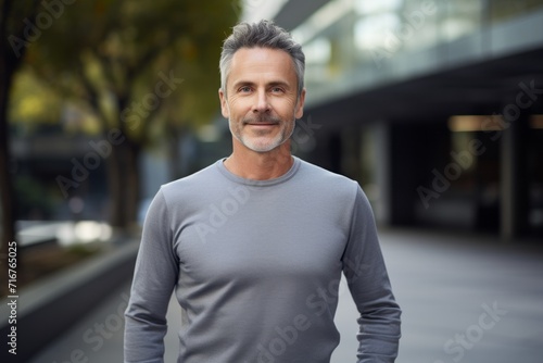 Portrait of a happy man in his 50s showing off a lightweight base layer against a sophisticated corporate office background. AI Generation