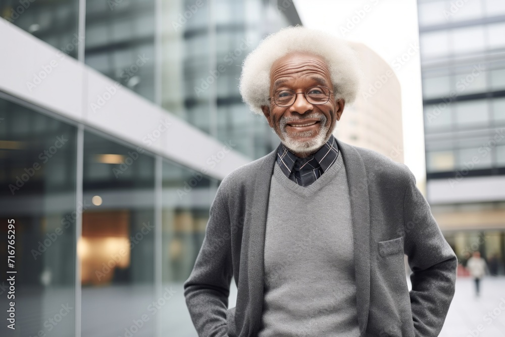 Portrait of a blissful afro-american man in his 80s showing off a thermal merino wool top against a sophisticated corporate office background. AI Generation Portrait of a blissful afro-american man in his 80s showing off a thermal merino wool top against a sophisticated corporate office background. AI Generation