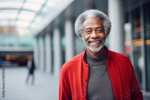 Portrait of a blissful afro-american man in his 80s showing off a thermal merino wool top against a sophisticated corporate office background. AI Generation
