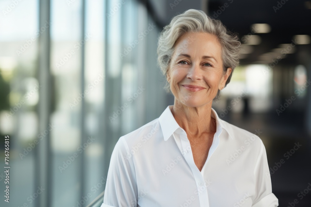Portrait of a happy woman in her 60s wearing a simple cotton shirt against a sophisticated corporate office background. AI Generation Portrait of a happy woman in her 60s wearing a simple cotton shirt against a sophisticated corporate office background. AI Generation