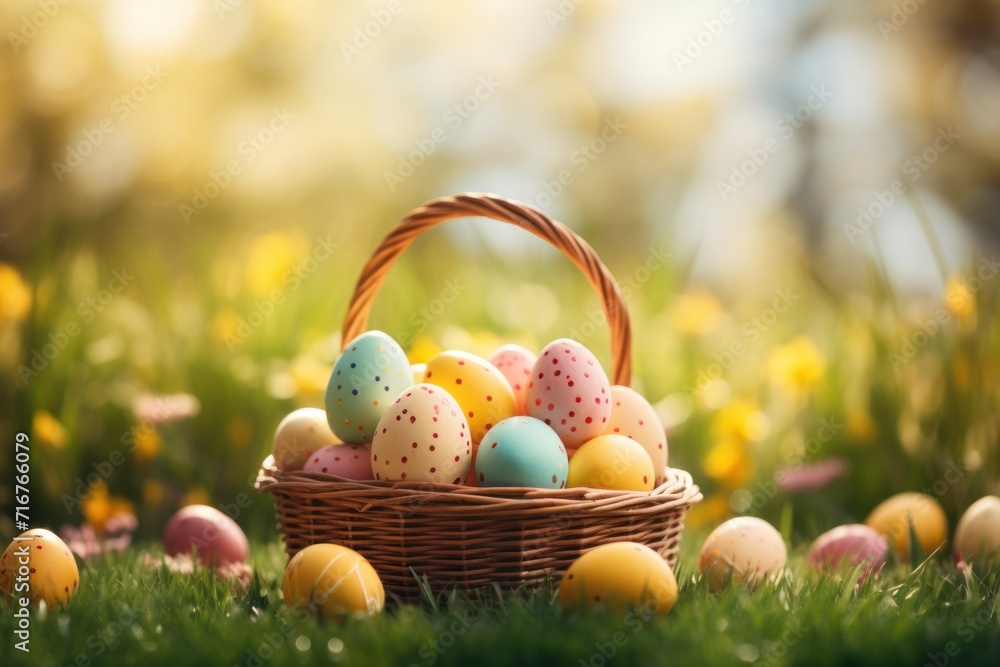 Easter wicker basket, colorful painted eggs in green grass, sunny day, egg hunt, banner background Easter wicker basket, colorful painted eggs in green grass, sunny day, egg hunt, banner background