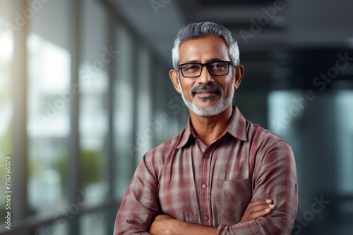 Portrait of a glad indian man in his 60s wearing a comfy flannel shirt against a sophisticated corporate office background. AI Generation photo