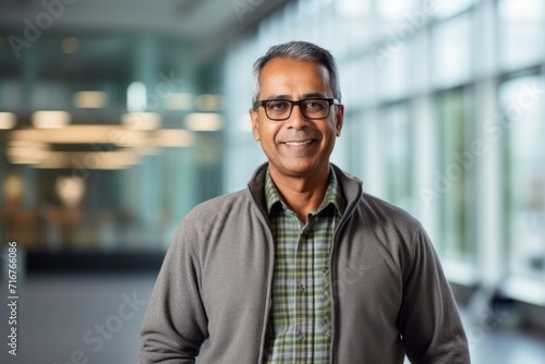 Portrait of a glad indian man in his 60s wearing a comfy flannel shirt against a sophisticated corporate office background. AI Generation © CogniLens