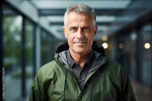 Portrait of a satisfied man in his 60s wearing a lightweight packable anorak against a sophisticated corporate office background. AI Generation photo