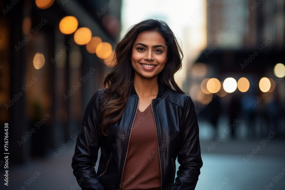 Portrait of a grinning indian woman in her 20s wearing a trendy bomber jacket against a sophisticated corporate office background. AI Generation Portrait of a grinning indian woman in her 20s wearing a trendy bomber jacket against a sophisticated corporate office background. AI Generation