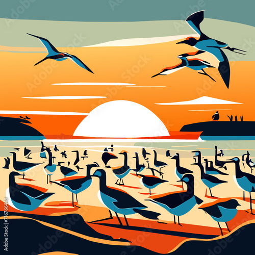 Seascape with flock of birds at sunset. Vector illustration. AI Generated photo