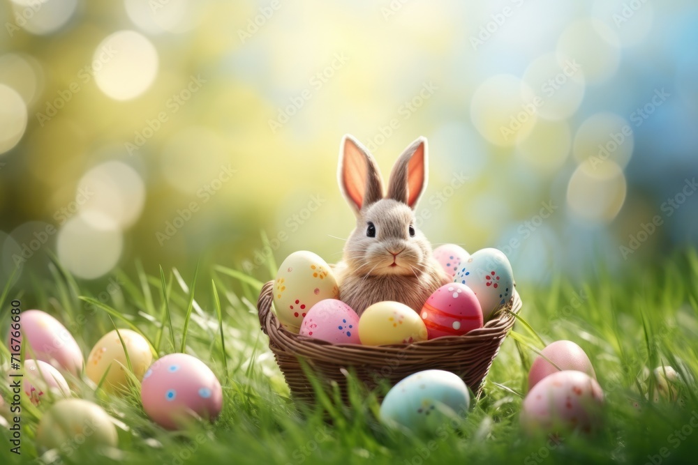 Fototapeta premium Easter bunny in green grass with painted eggs, sunny day, egg hunt, Happy Easter banner background