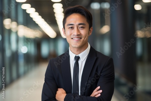 Portrait of a smiling asian man in his 20s wearing a versatile buff against a sophisticated corporate office background. AI Generation