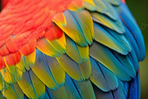 Close-up of a vibrant parrot feather with intricate patterns, emphasizing its exotic and colorful beauty. © furyon