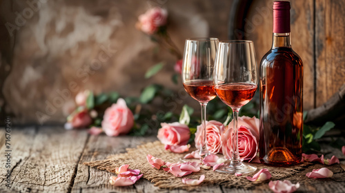 A bottle of wine next to pink roses, two wine glasses holding Valentine's Day wine, dating, confessions, Valentine's Day or Women's Day

