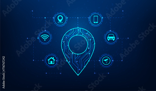 logistic location pin technology on blue background. navigator gps symbol transport digital. global pointer map concept. vector illustration hi-tech line and dot concept. photo