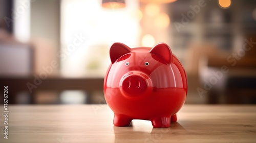Ruby Piggy Bank on a wooden Table. Blurred Interior Background