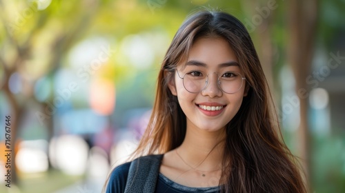 Asian female student, attractive, in campus picture. Generative Ai.