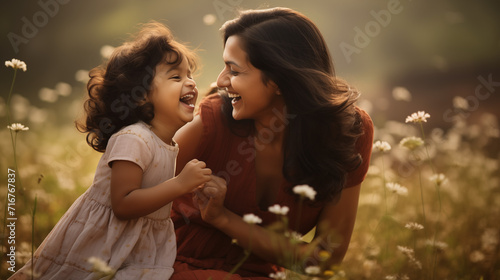 A delightful image of a happy mother and daughter. They are seen engaging in a fun activity together.  photo