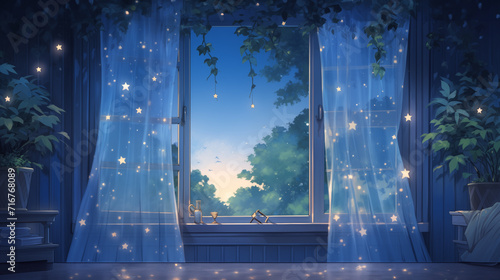 cartoon children's room, magic window with flying curtains. Starry sky