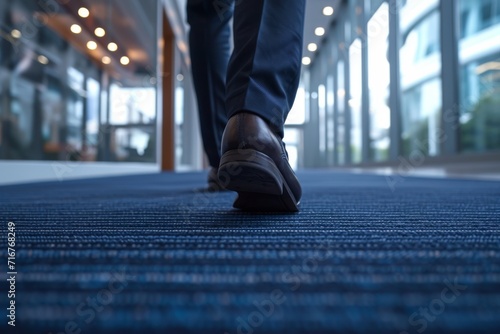 Detailed image of a business person's feet walking on a corporate floor