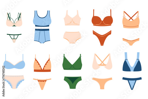 Set of women underwear, ladies lingerie. Different Bra and panties. Underclothes, bikini collection. Brassiere and underpants, pants, briefs.