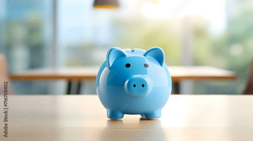 Sky Blue Piggy Bank on a wooden Table. Blurred Interior Background Sky Blue Piggy Bank on a wooden Table. Blurred Interior Background