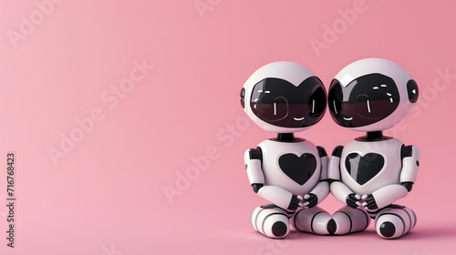 Two cute white and black robots sit side by side in some love scene on a pink background. Minimal Valentine concept