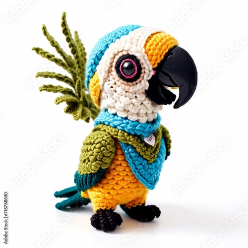 Vibrant hand-crocheted parrot with a vivid red head, showcasing exquisite artistry and attention to detail, set against a white background photo