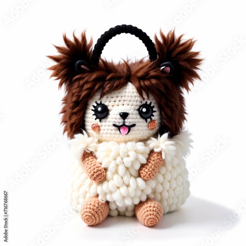 Adorable crochet lion toy with fluffy mane, beaded eyes, and a playful expression, doubling as a cute purse for kids photo